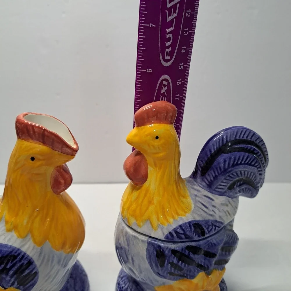 VTG 3 pc Avon Rooster Sunflower Coffee Creamer Sugar Set Ceramic 5.5